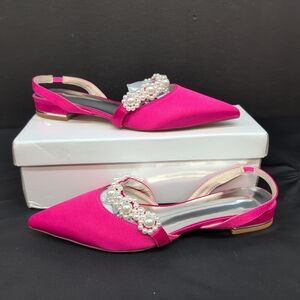 Women's Pearl Strap Pointed Toe Flat Heel Bridal Satin Sandals EU 40 Hot Pink